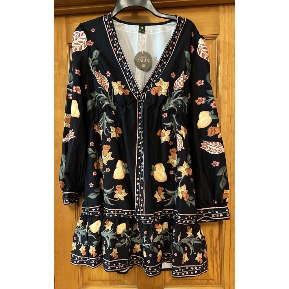 Cajuni Black Floral  Print Mini Dress Long Sleeve V-Neck Ruffle Hem Large